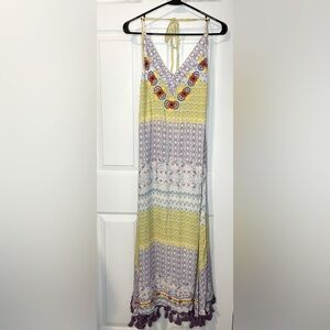 Anthropologie RAGA Boho Maxi Halter with Tassel Hem Dress